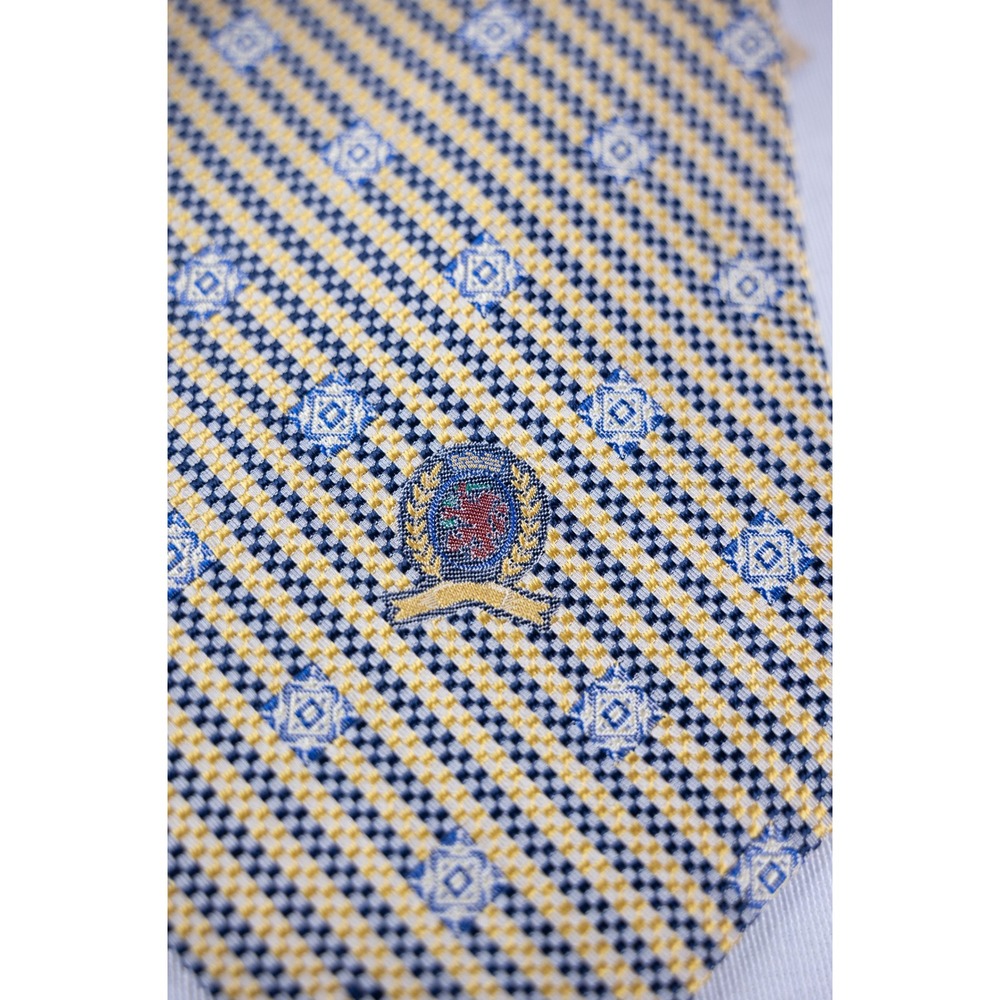 Vintage Tommy Hilfiger Silk Tie Mens Yellow New Geometric Crest Pattern Necktie - Picture 3 of 5